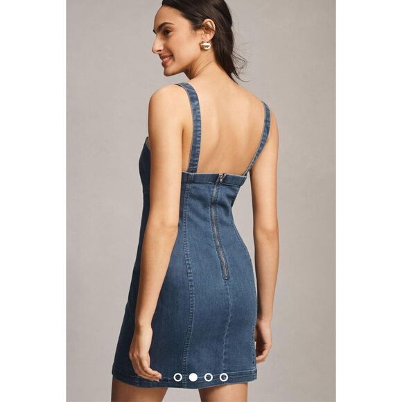 NWT Anthropologie Porridge Rosette Denim Medium Blue Slim Mini Dress Size XL - Picture 3 of 16